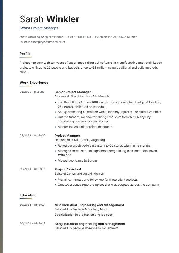 Example CV of a project manager in the Dawn template, colour: navy