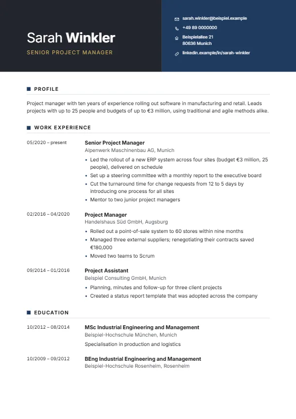 Duotone CV template with a fictional example, colour: navy