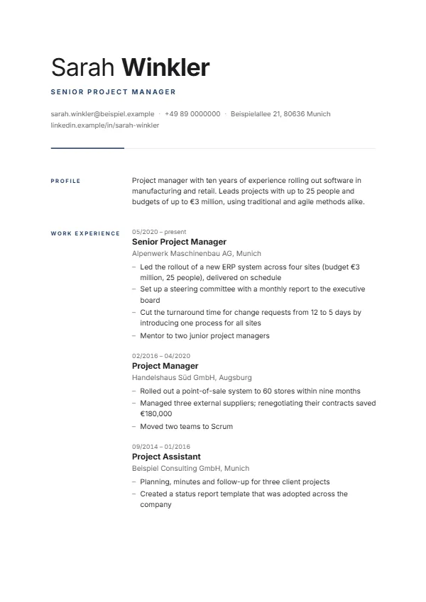 Minimal CV template with a fictional example, colour: navy