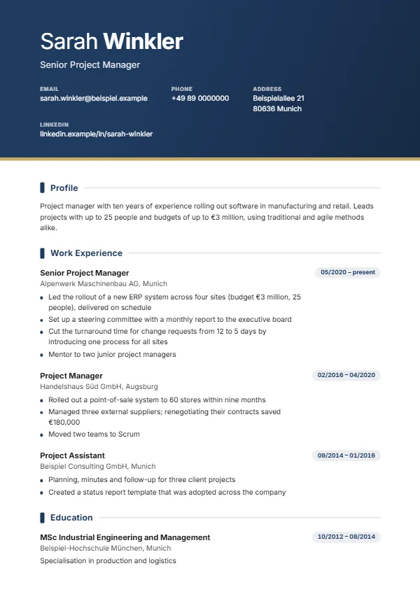 Modern CV template with a fictional example, colour: navy