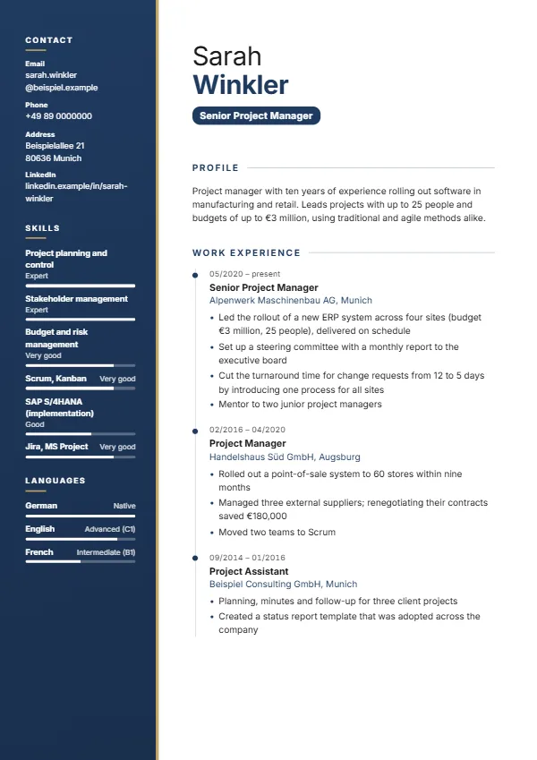Sidebar CV template with a fictional example, colour: navy