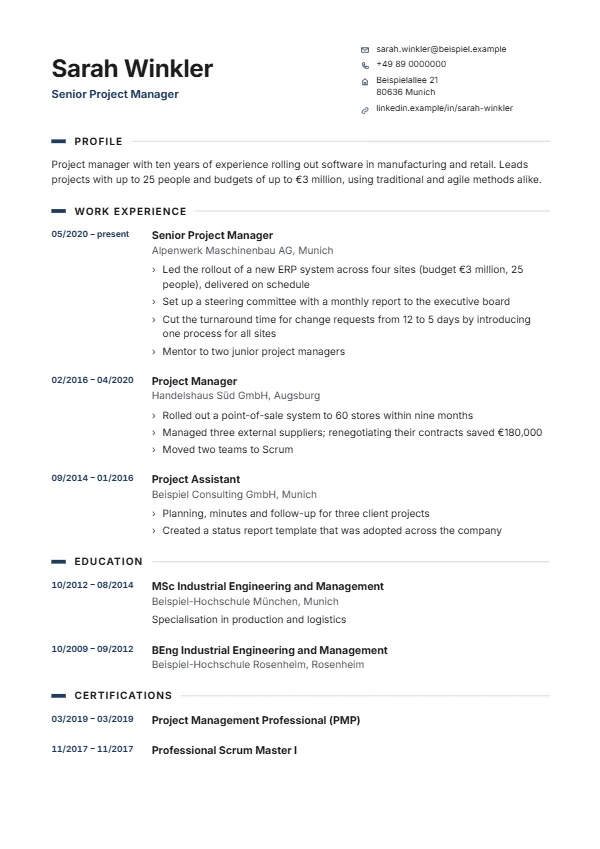 Stack CV template with a fictional example, colour: navy