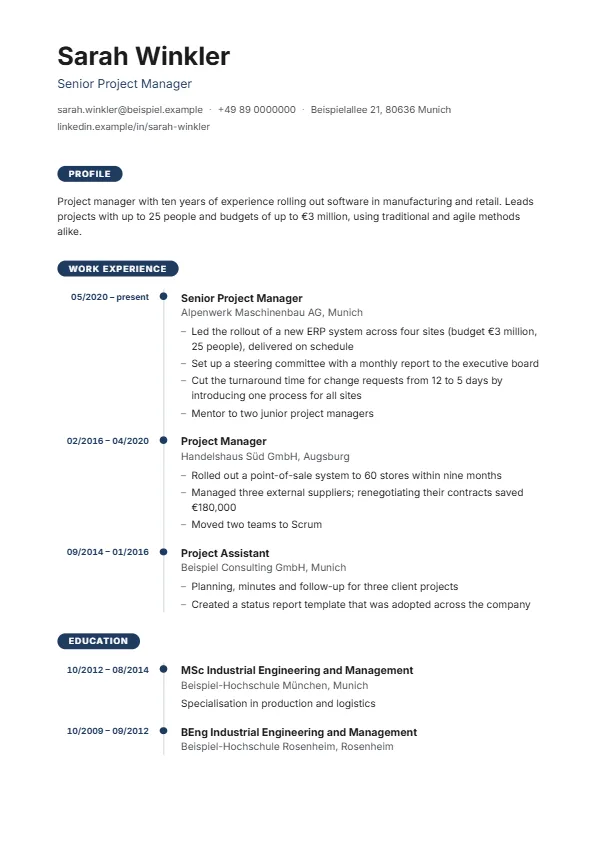 Timeline CV template with a fictional example, colour: navy
