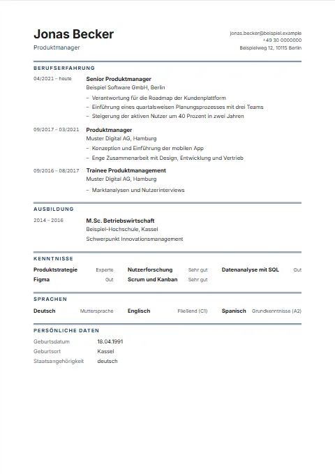 Lebenslauf-Vorlage Academic: Für lange Werdegänge: Name links, Kontakt rechts, Überschriften unter einer Doppellinie, schmale Spalte für die Jahre.