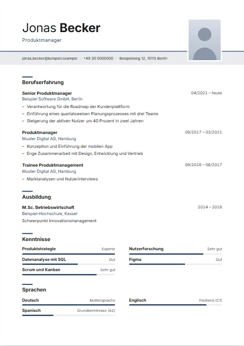 Lebenslauf-Vorlage Bandeau: Der Kontakt auf einem getönten Band über die ganze Breite, in das das Foto hineinragt; Zeiträume rechts.