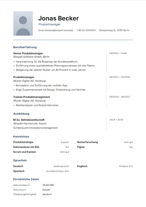 Lebenslauf-Vorlage Dateline: Die Zeiträume stehen rechts in einer eigenen Spalte hinter einer feinen Linie; Kopf mit Foto links und Linie darunter.