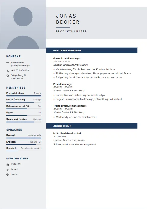 Lebenslauf-Vorlage Frame: Helle Seitenleiste mit Foto, Abschnittsüberschriften als farbige Balken.