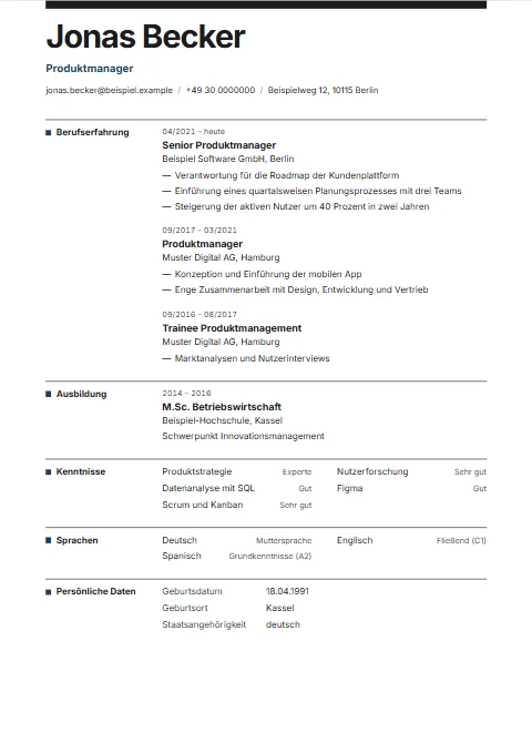 Lebenslauf-Vorlage Grid: Strenges Raster: schwerer Balken oben, sehr kräftiger Name, jede Überschrift in einer eigenen Spalte links unter einer Linie.