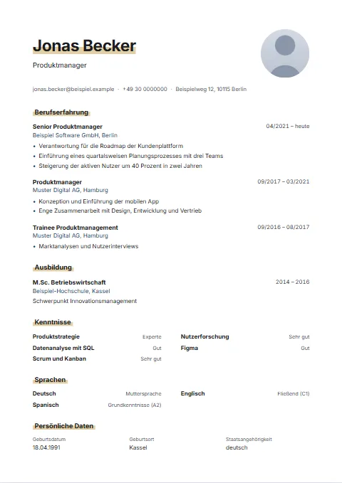 Lebenslauf-Vorlage Marker: Wie mit dem Textmarker: Name und Überschriften stehen auf einem breiten Strich im Metallton.