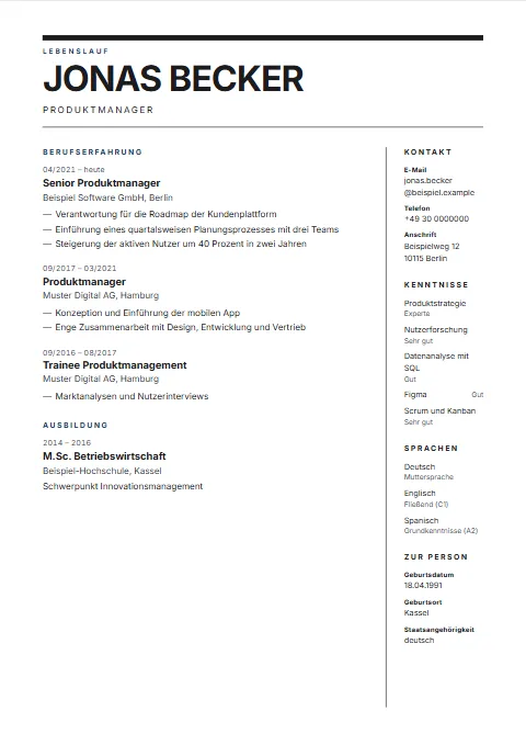 Lebenslauf-Vorlage Masthead: Wie der Kopf einer Zeitschrift: sehr großer Name zwischen kräftigen Linien, Kurzprofil als Vorspann, schmale Randspalte rechts.