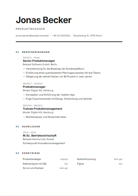 Lebenslauf-Vorlage Mono: Rein typografisch und ohne Foto: großer Name, nummerierte Abschnitte.