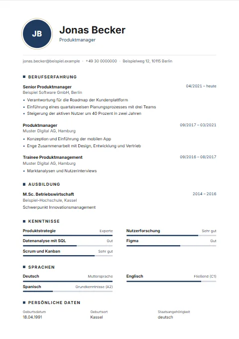 Lebenslauf-Vorlage Monogram: Die Initialen als Zeichen statt eines Fotos: runde Marke im Kopf, Kontakt unter einer feinen Linie, Überschriften mit kleinem Quadrat.