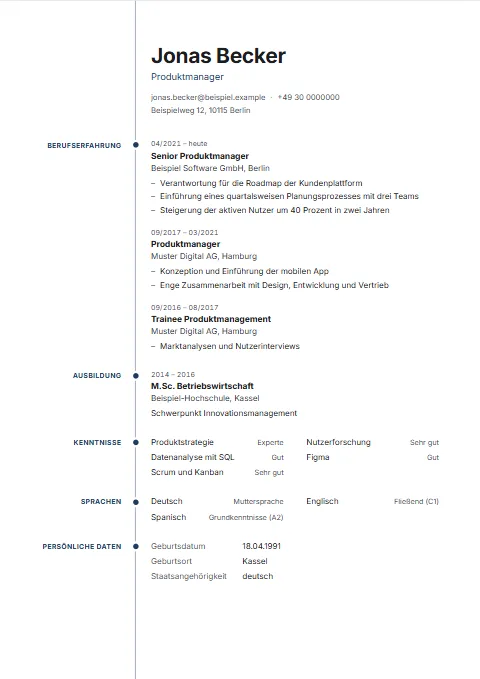 Lebenslauf-Vorlage Rail: Eine durchgehende senkrechte Linie teilt die Seite: links davon die Überschriften rechtsbündig, rechts der Inhalt.