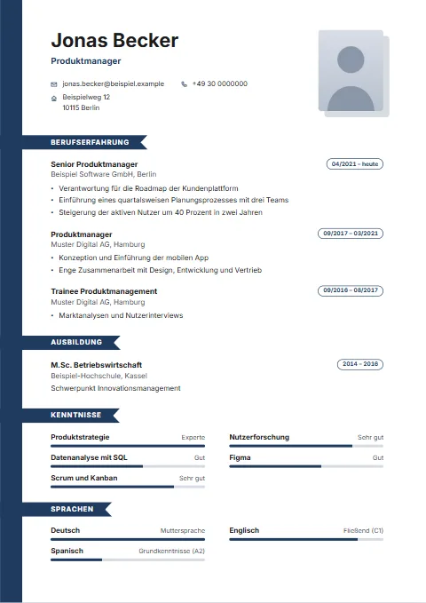 Lebenslauf-Vorlage Ribbon: Farbstreifen am linken Rand, aus dem die Überschriften als Fahnen herausragen.