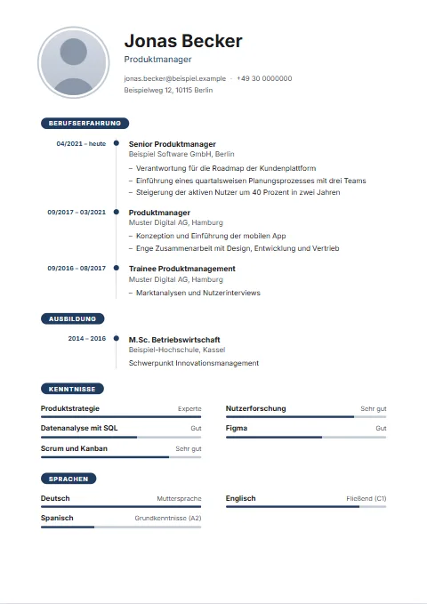 Lebenslauf-Vorlage Timeline: Der Werdegang an einer durchgehenden Zeitlinie, die Zeiträume links davon.