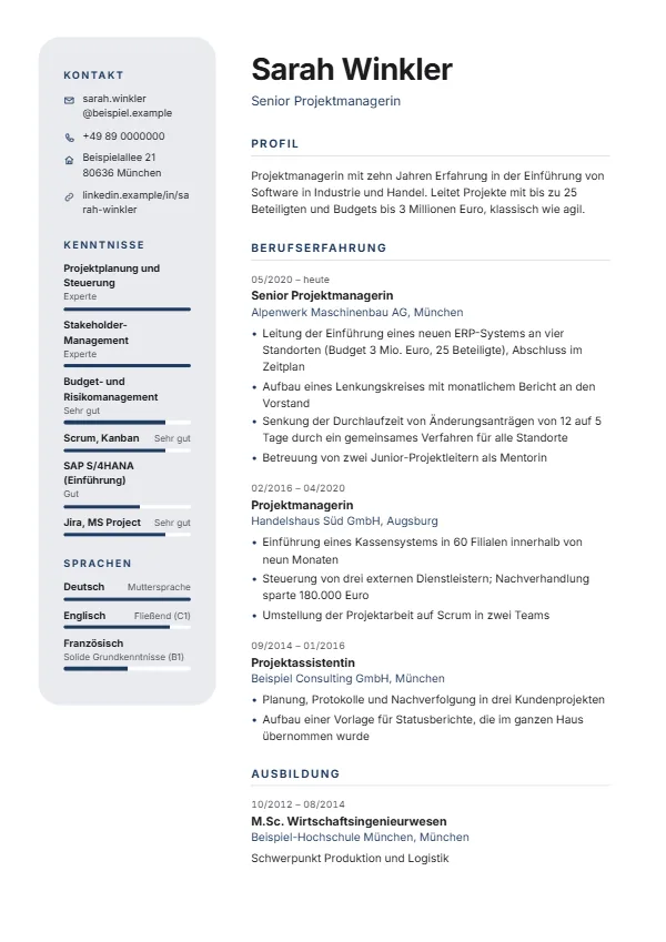 Lebenslauf-Vorlage Capsule mit einem erfundenen Beispiel, Farbe Dunkelblau