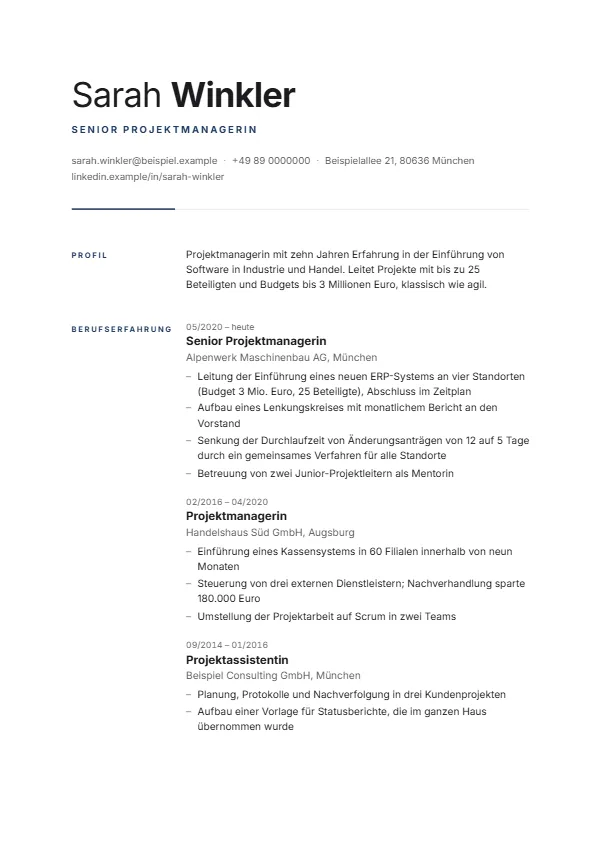Lebenslauf-Vorlage Minimal mit einem erfundenen Beispiel, Farbe Dunkelblau
