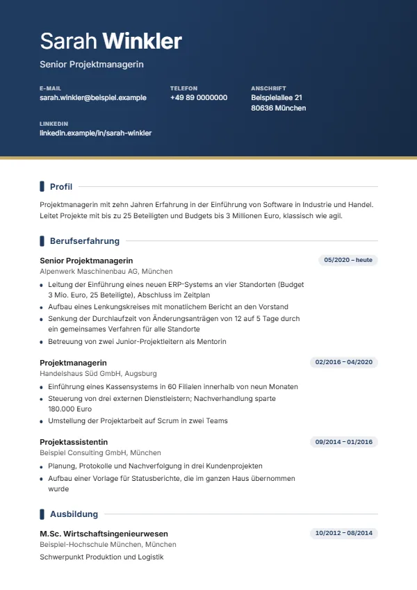 Lebenslauf-Vorlage Modern mit einem erfundenen Beispiel, Farbe Dunkelblau