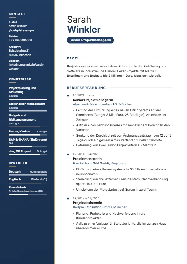Lebenslauf-Vorlage Sidebar mit einem erfundenen Beispiel, Farbe Dunkelblau