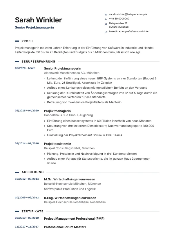 Lebenslauf-Vorlage Stack mit einem erfundenen Beispiel, Farbe Dunkelblau