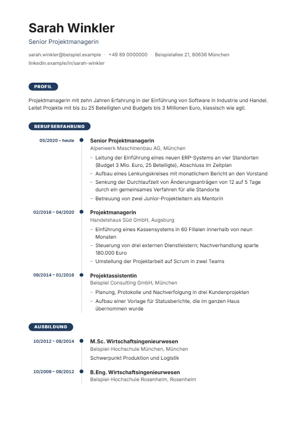 Lebenslauf-Vorlage Timeline mit einem erfundenen Beispiel, Farbe Dunkelblau